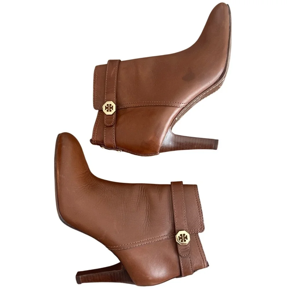 Tory Burch Cognac Leather Logo Strap Ankle Booties Stiletto Heel Size 8